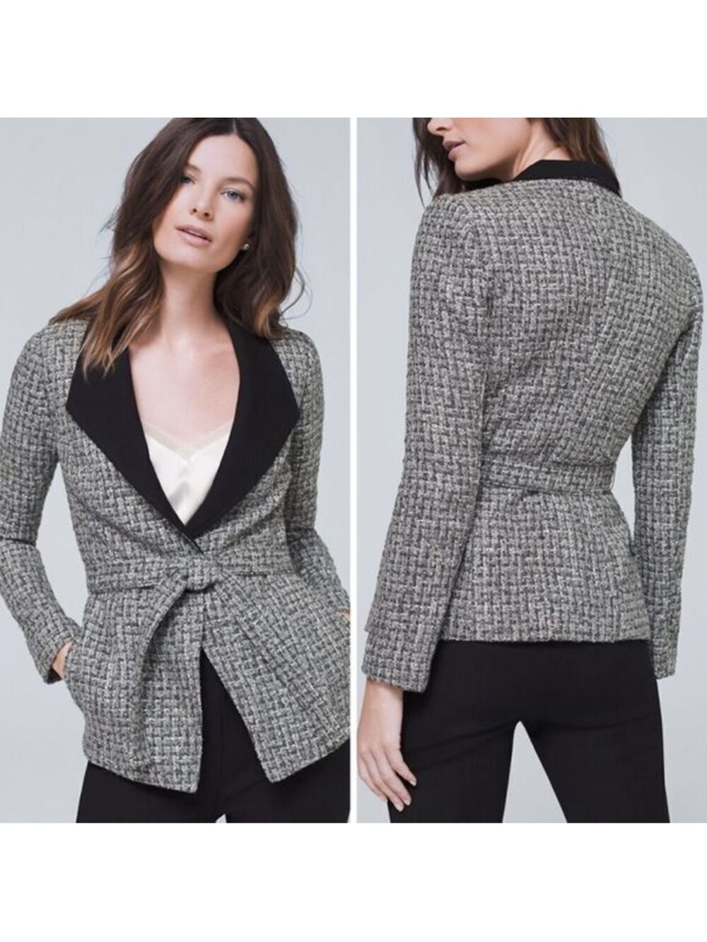 White House Black Market Black & Gray Tweed Belted Blazer